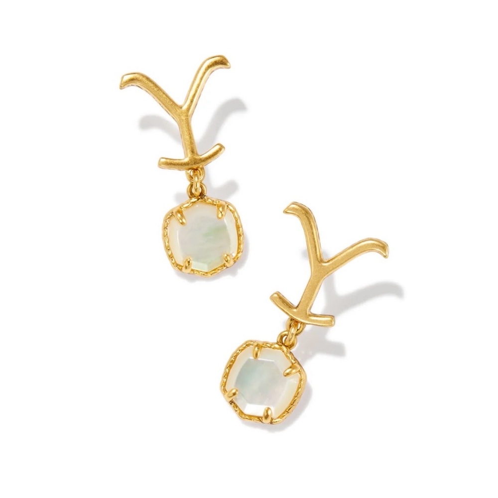 BNIB Kendra  Scott Yellow Rose Iconic Earrings-Ivory MOP Framed In Antique Gold